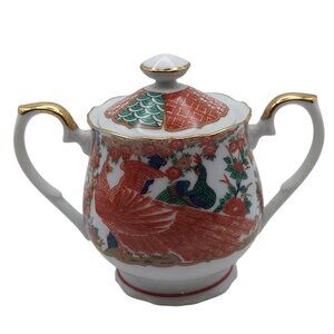 Vintage Arita Imari Peacock Porcelain Sugar Bowl With Lid Japan Gold Trim